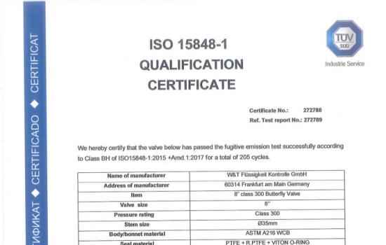 Das zertifikat einer iso-15848 ventile